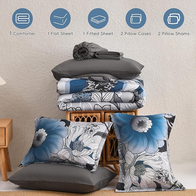 Xruibed King Comforter Set 7 Pieces Grey Blue Floral Comforter Set King Size Bed in a Bag Flower Bedding Sets Lightweight Boho Bed Set with Sheet, Pillowcases&Shams for All Season