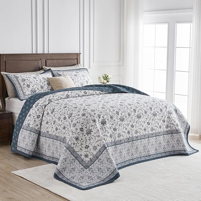 Oversized King Bedspreads 120"x120" - 100% Cotton California King Quilt, Farmhouse Blue Floral Pattern, Extra Large Quilted Coverlet, Lightweight Reversible XL Bedding Set, 3 Pcs
