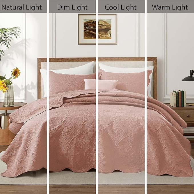 MOONLIGHT20015 Queen Quilt Bedding Set Size (90" x 96") + 2 Pillow Shams (20" x 26"+ 2") - 3 Pcs All Season Lightweight Reversible Embossed Quilt Microfiber Coverlet Floral Bedspread (Peach)