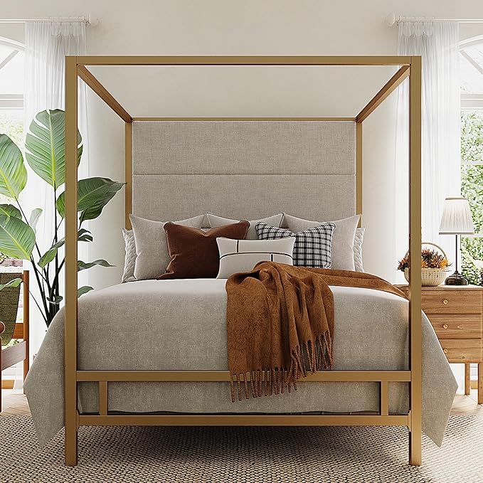 Merax King Size Modern Canopy Bed Frame, with Tall Linen Fabric Upholstered Headboard Metal 4-Poster, Box Spring Needed, Gold + Tan