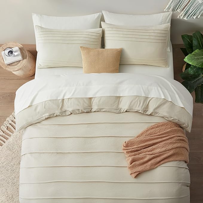 Oli Anderson Beige Duvet Cover Twin Size - Pleated Twin Duvet Cover, 2PCS Soft and Breathable Textured Bedding Set with Zipper Closure(Beige,68"x90")