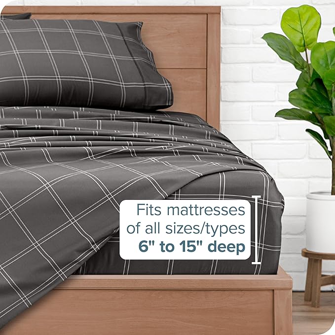 Bare Home California King Sheet Set - 1800 Ultra-Soft Microfiber Cal King Bed Sheets - Double Brushed - Deep Pockets - Easy Fit - 4 Piece Set (Cal King, Modern Plaid - Grey/White)