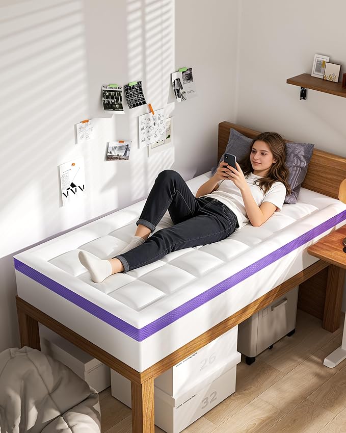 Dual Layer 4 Inch Memory Foam Mattress Topper Full XL - 2 Inch Gel Memory Foam and 2 Inch Pillow Top Mattress Pad,7-Zone Egg Crate Full XL Size Mattress Topper(White)
