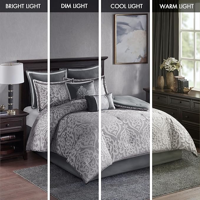 Madison Park Odette Cozy Comforter Set Jacquard Damask Medallion Design - Modern All Season, Down Alternative Bedding, Shams, Decorative Pillows, King(104 in x 92 in), Silver 8 Piece
