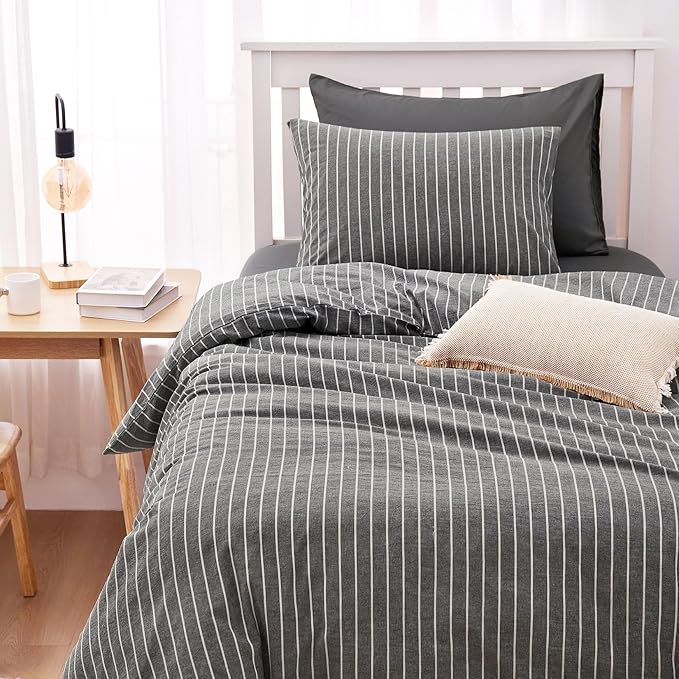 Wake In Cloud - Striped Cotton Duvet Cover Set, Ticking Stripe Vertical Pinstripe Farmhouse, 100% Washed Cotton Textured Percale Bedding Set, 3 Pieces, Gray, Twin Size