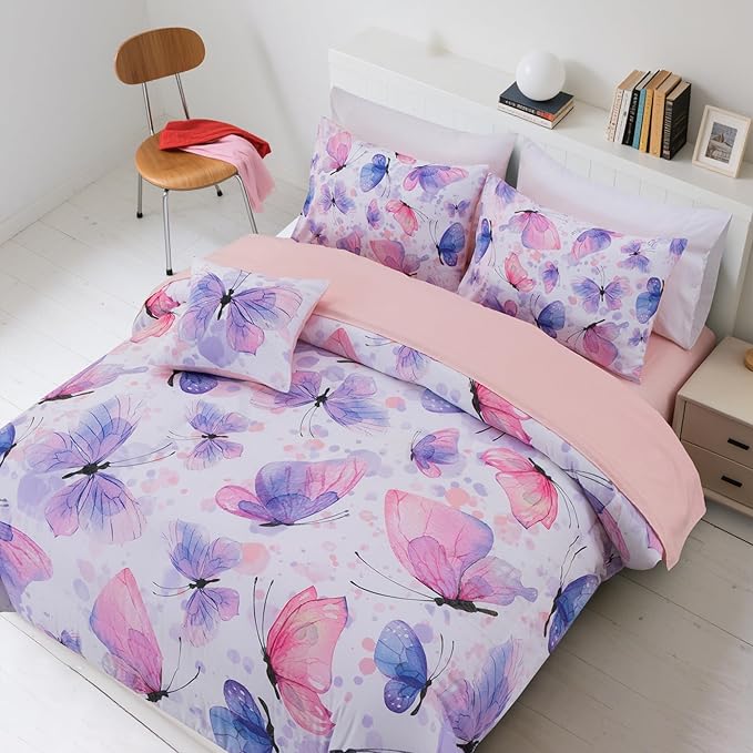 A Nice Night 6pcs Full Bed in A Bag Watercolor Ink Wash Tie-Dye Butterfly Printed, Butterflies Flying Bedding Comforter Set, Purple