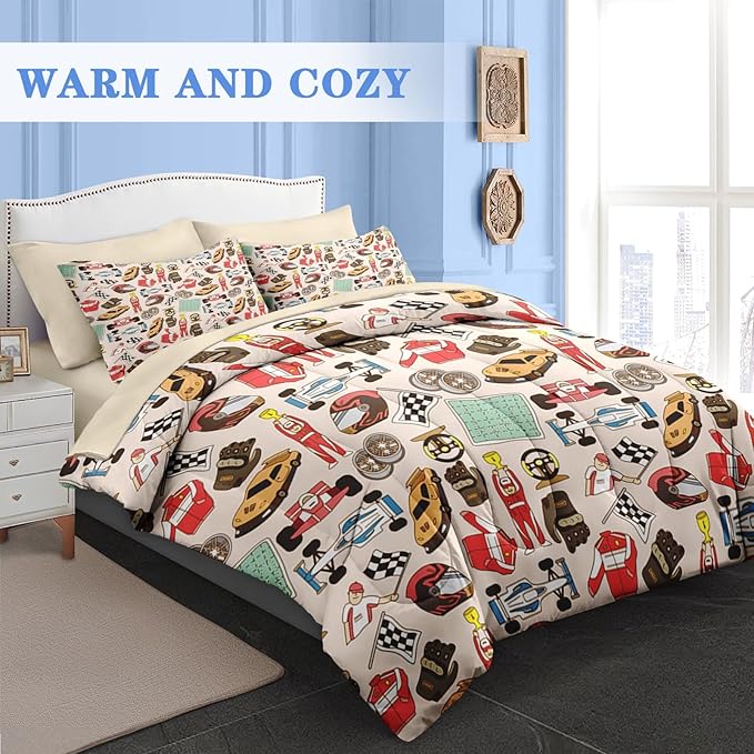 Comforter Set Full Size, Racing Car Competition 7 Pcs Bedding for Kids and Adults, Race Game Cute Wheel Bed Sheet Sets with Fitted Sheet 2 Pillowcases & 2 Shams for Bedroom Bed Decor