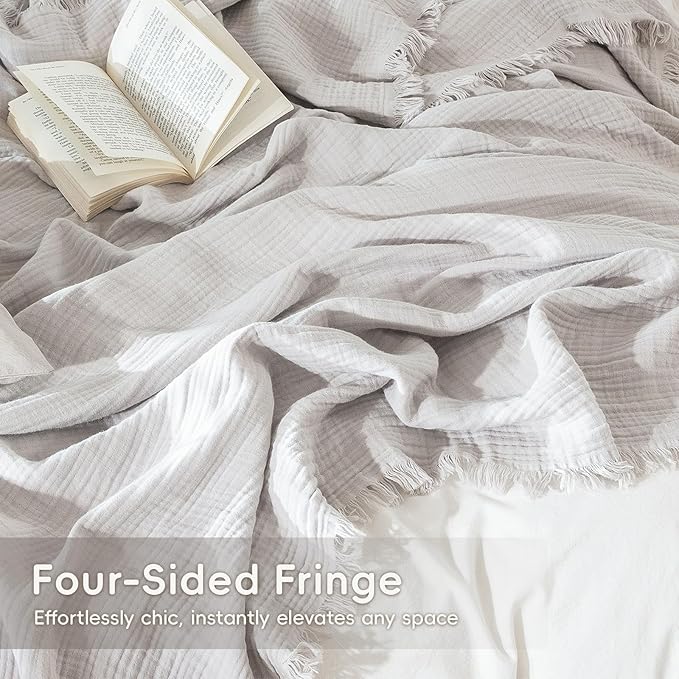 MooMee Muslin Blanket - 100% Cotton 4-Layer Gauze Throw Blanket with All-Around Fringe, Ultra-Soft Breathable Lightweight Cooling Decorative for Bed, Sofa & Couch (Light Grey, Queen 90" x 90")