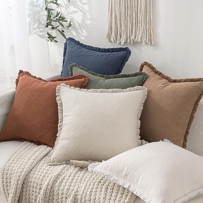 MIULEE Decorative Throw Pillow Covers Neutral Linen Fringe Throw Pillows Set of 2 Indigo Blue Boho Farmhouse Cushion Covers Coastal Decor for Couch Sofa Bed Living Room Spring Decor 12x20 Inch