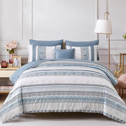 Cottolester Boho Comforter Set Queen Size Light Blue Comforter Set 8 Piece Bed in a Bag Paisley Floral Bedding Sets All Season