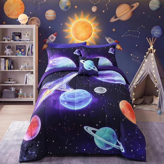 Kids Comforter Set Full Size for Boys, Rocket Bedding Sets, 4 Pieces Bed in A Bag with 1 Comforter, 1 Decor Pillow, 2 Pillow Shams