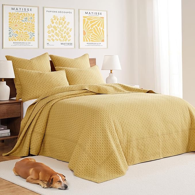 Levtex Home Cross Stitch Reversible King Bedspread Set (120x104in) with 2 Pillow Shams (36x20in) - Stitch Texture - Ochre - Cotton King Size Bedspread Set - Soft, Pre-Washed