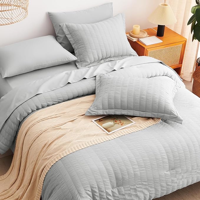 CozyLux Oversized Queen Comforter Set Light Grey Seersucker 7 Pieces Bed in a Bag Queen Comforter Set with Sheets, Luxury Soft Bedding Set with Down Alternative Comforter, Sheets, Pillowcases & Shams