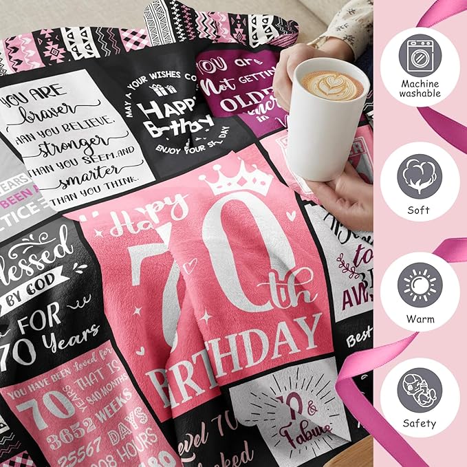 70th Birthday Gifts for Women, Happy 70th Birthday Decorations, 1956 Birthday Gifts for 70 Year Old Woman, Soft Flannel Pink Throw Blanket 60”X50”