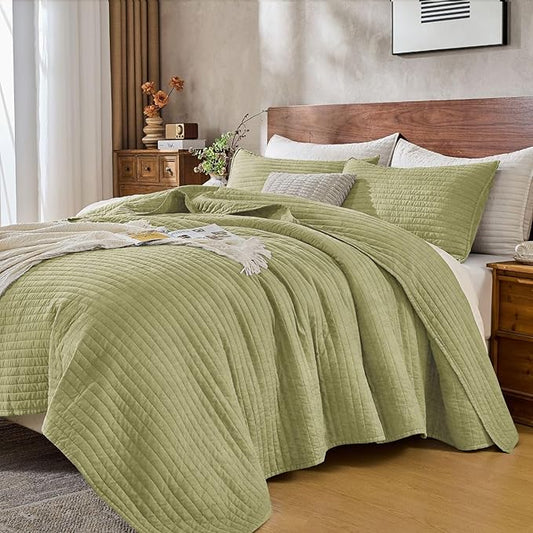 DOWN HOME King Quilt Bedding Set with Shams, Vintage Washed Soft Quilted Blanket Thin Comforter Lightweight Bedspread Coverlet Bed Cover, Brushed Microfiber Stripe Stitching, Golden Olive, 104"x90"