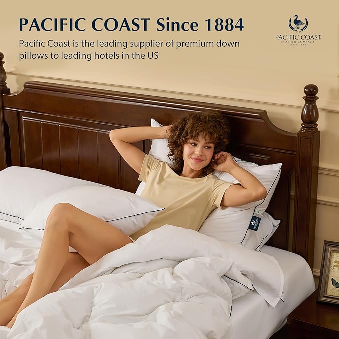 Pacific Coast Bed Pillow, Luxury Hotel Goose Feather and Down Firm Pillow for Sleeping with 100% Cotton Shell, Soft and Supportive