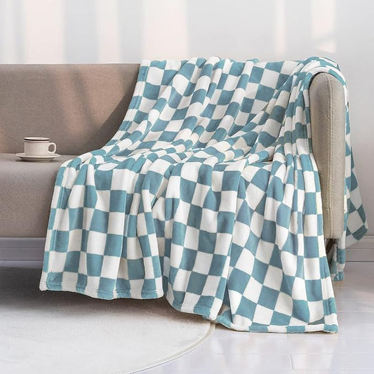 LOMAO Throw Blankets Flannel Blanket with Checkerboard Grid Pattern Soft Throw Blanket for Couch, Bed, Sofa Luxurious Warm and Cozy for All Seasons (Light Blue, 40"x60")