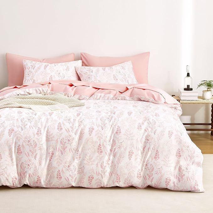 Wake In Cloud - Floral Duvet Cover Set, Botanical Vintage Flower Coquette Cottagecore Aesthetic for Women Teen Girls, Soft Lightweight Bedding, 3-Piece, Blush Pink, Twin/Twin XL Size