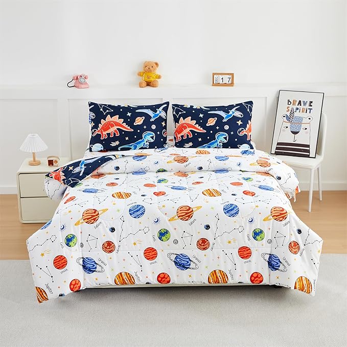NTBED Dinosaur Kids Comforter Set Twin Size 5 Pieces Bed in A Bag for Boys Girls,Glow in The Dark Space Planet Bedding Set with Sheet