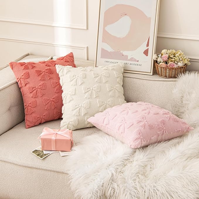 MIULEE Coral Red Bow Pillow Covers Coquette Room Decor Aesthetic Set of 2 Decorative Cute Girl Vlentine Pillow Covers Spring Soft Plush Faux Pillowcase for Preppy Room Decor Bedroom Couch,18x18 Inch