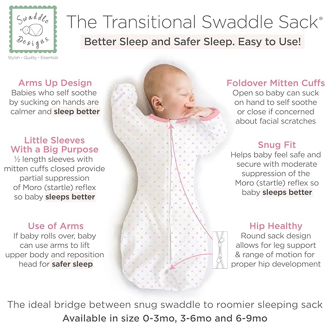SwaddleDesigns Transitional Swaddle Sack, Arms Up Half-Length Sleeves & Mitten Cuffs, Swaddle for Newborn Transition to Baby Sleep Sack Wearable Blanket, Med, 3-6 month, 14-21 lb, Pink Tiny Triangles