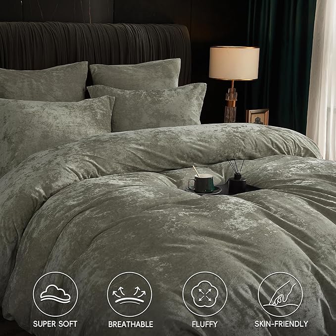 PHF Truly Velvet Duvet Cover Set King Size, 3pcs Ultra Soft Breathable Comforter Cover Set, Luxury Cozy Flannel Duvet Cover with Pillow Shams Bedding Collection, 104" x 90", Smokey Olive