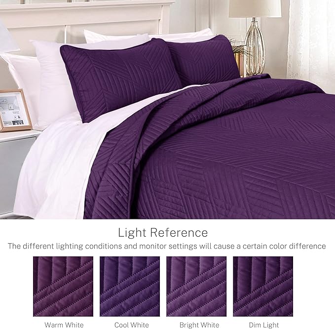 Exclusivo Mezcla Ultrasonic Full Queen Quilt Bedding Set, Lightweight Deep Purple Bedspreads Soft Modern Geometric Coverlet Set for All Seasons (1 Quilt and 2 Pillow Shams)