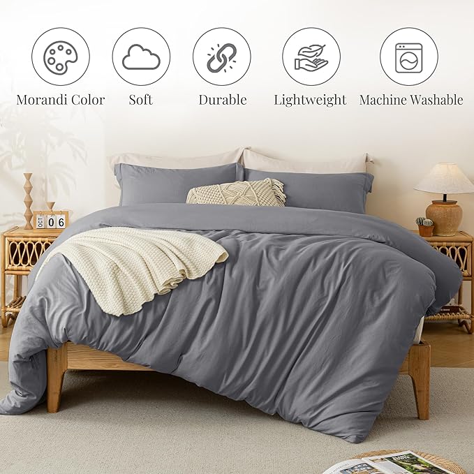 MILDLY Super Soft Duvet Cover 2pcs - 100% Washed Microfiber Dark Grey Comforter Cover Set with Zipper Closure & Corner Ties (No Comforter)