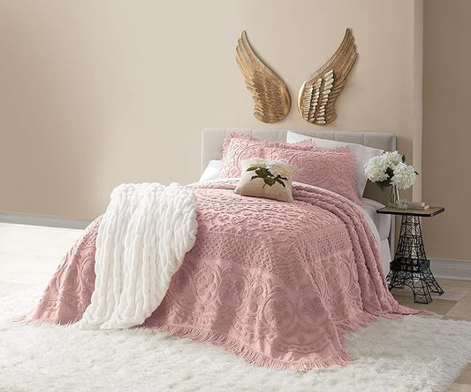 Montgomery Ward Emily Floral Chenille Bedspread, Soft Cotton Comforter, California King Size Quilt in Blush - Luxury Hotel Bedding, California King Bedspread (Blush, California King)