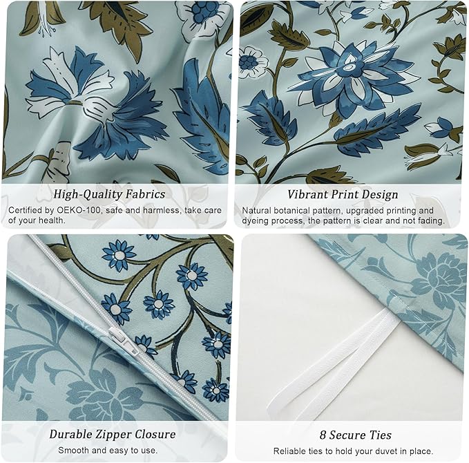 PHF Ultra Soft Floral Duvet Cover Queen Size, Printed Bedding Set 3 Pieces, Comfy Farmhouse Pattern Duvet Cover Set with 2 Pillow Shams, Zipper Closure and 8 Ties, 90"x90", Flower-Dusty