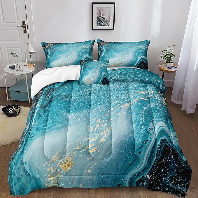 Bedbay Blue Marble Comforter King Size Blue and Gold Marble Bedding Set for Women Adults Western Bedroom Decor Aesthetic Watercolor Quilt Set 3 Pcs Soft Microfiber Duvet Set