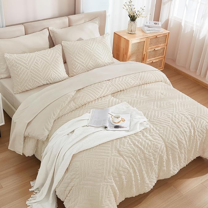 Andency Beige Super King Plus Size Comforter Set with Sheets - 7 Pieces Bed in a Bag Boho Tufted Bedding Sets Fluffy Lightweight Oversized King Bed Set with Comforter, Sheets, Pillowcases & Shams