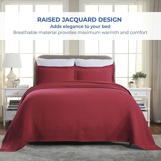 Superior 2 Piece Celtic Circles Cotton Bedspread Set, Decorative Bed Spread, Home Bed Decor, 1 Pillow Sham, Medium Weight Blanket, Matelasse Coverlet Bedding, Wedding Ring Design, Full, Burgundy