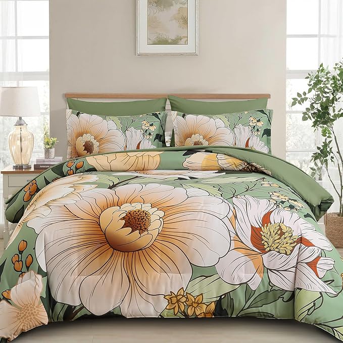 Xruibed Queen Comforter Set 7 Pieces Green Floral Comforter Set Queen Size Bed in a Bag Flower Bedding Sets Lightweight Boho Bed Set with Sheet,Pillowcases&Shams for All Season