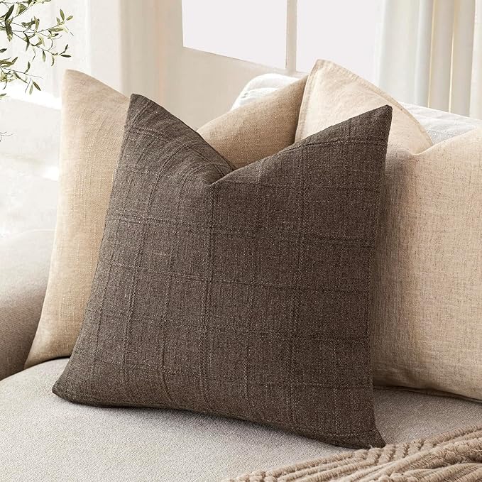 Foindtower Set of 2 Decorative Linen Check Throw Pillow Covers Neutral Farmhouse Vintage Cushion Covers Modern Boho Home Decor for Sofa Chair Couch Bedroom Living Room,16×16 Inch,Dark Brown