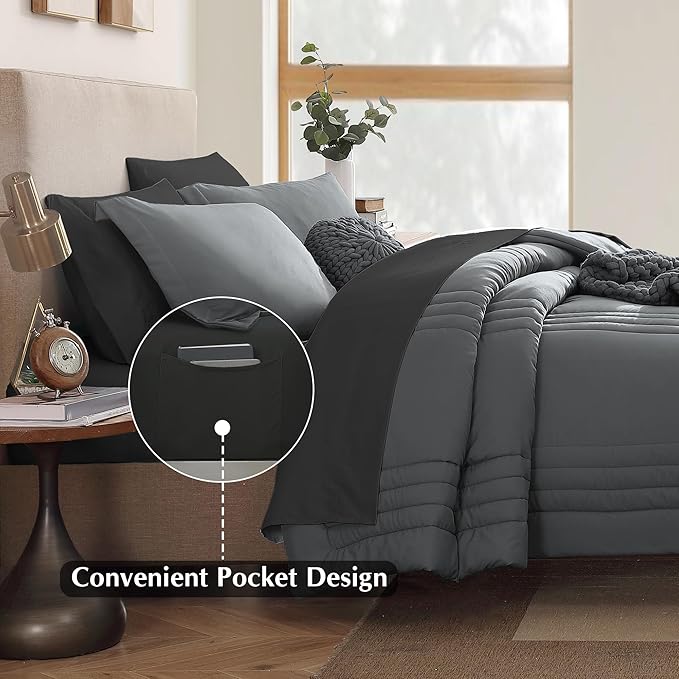 Monbix King Size Comforter Set - 7 Pieces Bed in a Bag King, Grey Bedding Sets with Comforter, All Seasons Comforter Bed Set with Sheets, Pillowcases & Shams