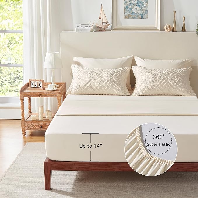Zzlpp Queen Comforter Set 7 Pieces, Cream Tufted Bed in a Bag with Comforter and Sheets, All Season Boho Bedding Sets with 1 Comforter, 2 Pillow Shams, 2 Pillowcases, 1 Flat Sheet, 1 Fitted Sheet