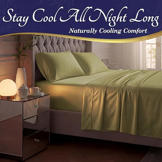 DECOLURE 100% Viscose Derived from Bamboo Sheets Full Size - Luxury 4 Pc Naturally Cooling Sheets, Ultra Soft Bed Set - Deep 17" Pockets, Durable Double Stitching, Oeko Tex Standard (Light Olive)