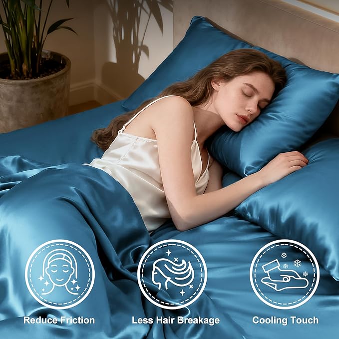 Love's cabin Satin Queen Sheets Set - 4 Piece Teal Silky Bed Sheets with Deep Pocket, Luxury Silk Feel Satin Queen Size Sheet Set (1 Flat Sheet,1 Fitted Sheet,2 Pillow Cases)