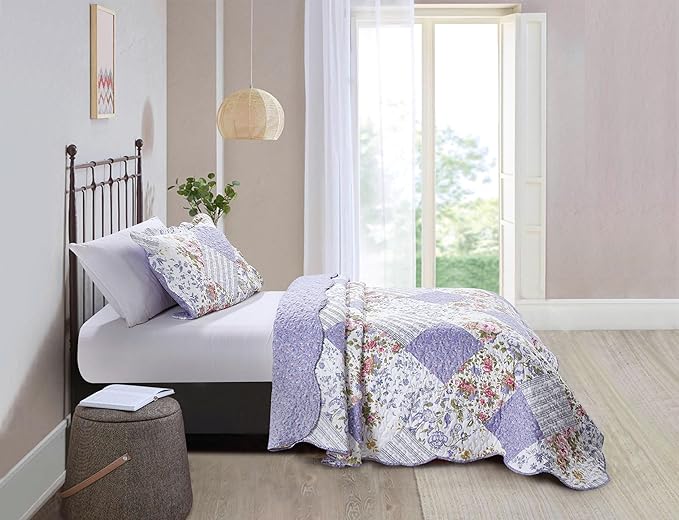 Brilliant Sunshine Rose Violet Patchwork, 2-Piece Quilt Set with 1 Sham, Reversible Bedspread, Soft Lightweight Coverlet, All-Season, Twin, Rose Violet