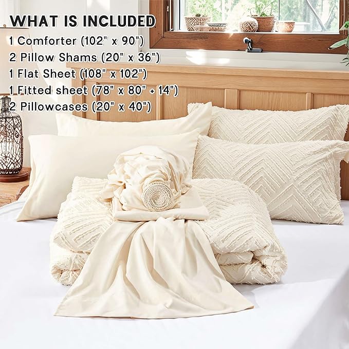 Zzlpp King Comforter Set 7 Pieces, Cream Tufted Bed in a Bag with Comforter and Sheets, All Season Boho Bedding Sets with 1 Comforter, 2 Pillow Shams, 2 Pillowcases, 1 Flat Sheet, 1 Fitted Sheet