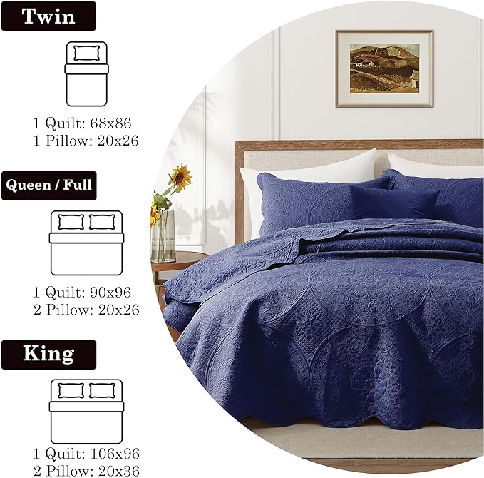 MOONLIGHT20015 Queen Quilt Bedding Set Size (90" x 96") + 2 Pillow Shams (20" x 26"+ 2") - 3 Pcs All Season Lightweight Reversible Embossed Quilt Microfiber Coverlet Floral Bedspread (Navy)