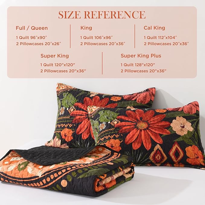 Andency Floral Boho Queen Quilt Bedding Set Black, 3 Pieces Farmhouse Flower Botanical Summer Bedspreads with 2 Shams, Soft Reversible Lightweight Microfiber Coverlet Set for All Season, 90"x96"