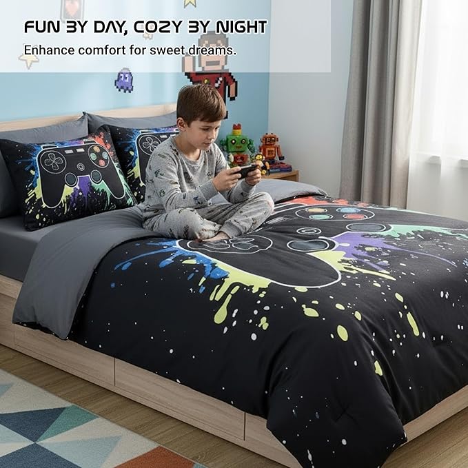 Twin Comforter Set for Boys, Kids - 5 Pieces Black Gamer Patterns Twin Bedding Sets for Boys Teen, Soft Cozy Bed in A Bag with Sheets