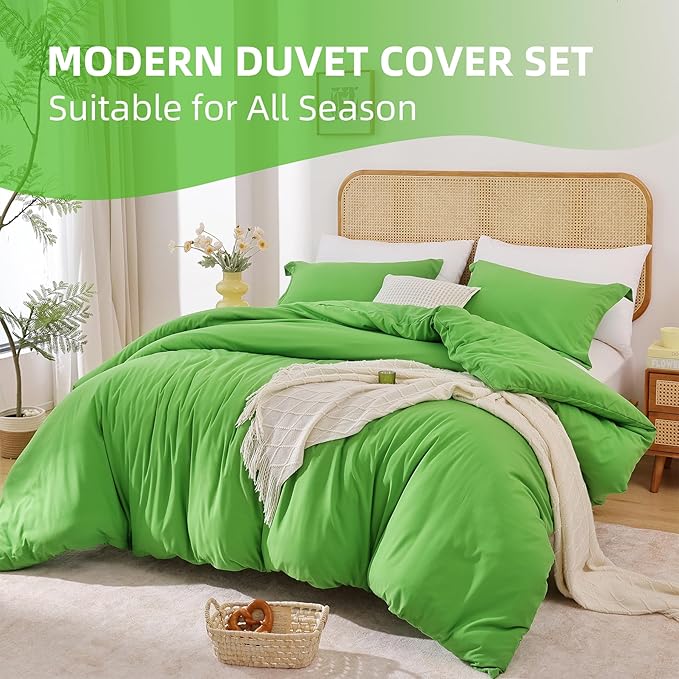 Whitney Home Textile Green Duvet Cover Set Queen Size - 3 Piece Luxury Soft Cooling Duvet Cover with Zipper Closure and Pillow Sham, Breathable Washed Brushed Microfiber, Comforter Not Included