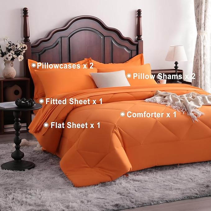 NTBAY King Comforter Set with Sheets, 7 Pieces Soft and Breathable King Bedding Set, Bed in a Bag, Down Alternative Comforter Set Solid Color All Season, Orange