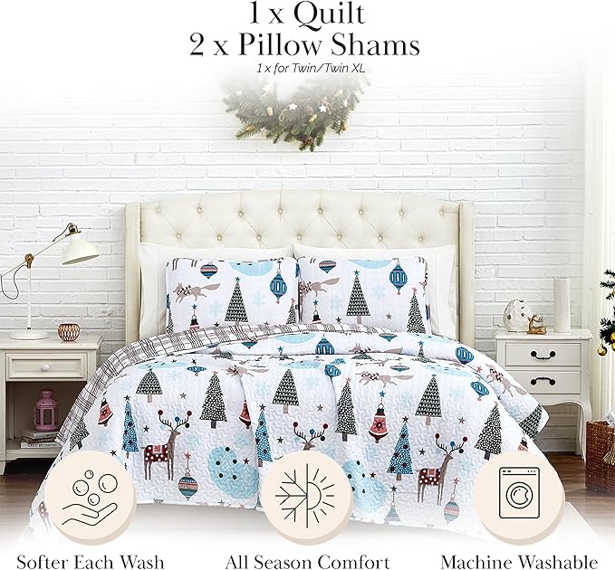 Southshore Fine Living, Inc. King/California King Size Christmas Quilt Set w/2 Pillow Shams, Holiday Bedding Set, 3-Piece Reversible Quilt Set, Cute Trees & Reindeer Over Red Plaid Print