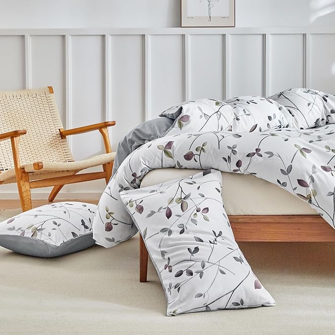 Lekesky Reversible Duvet Cover Queen Size, White Grey Tree Branch Pattern Comforter Cover Queen 3pc Super Soft Microfiber Breathable Botanical Bedding Sets with Zipper Ties
