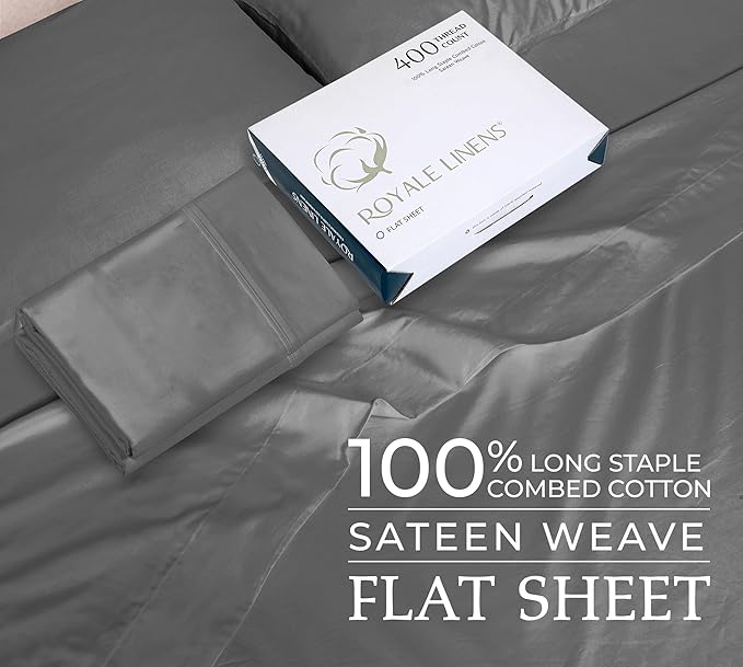 400 Thread Count 100% American Grown Cotton Flat Sheet - Cooling Sheets - Queen Sheets - Luxury Sateen Weave - Queen Flat Sheet Sold Separately - Grey Flat Sheet Only (Queen, Spanish Slate)