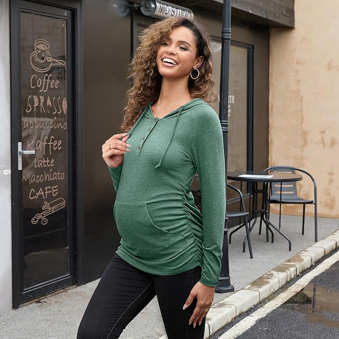 Bhome Maternity Hoodies Button Front Drawstring Hooded Shirt Long Sleeve Pullover Lightweight Sweatshirt with Kangaroo Pocket